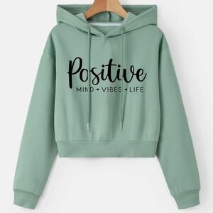 Mint Green POSITIVE Graphic Drop Shoulder Crop Drawstring Hoodie Size Medium‍‍‍
